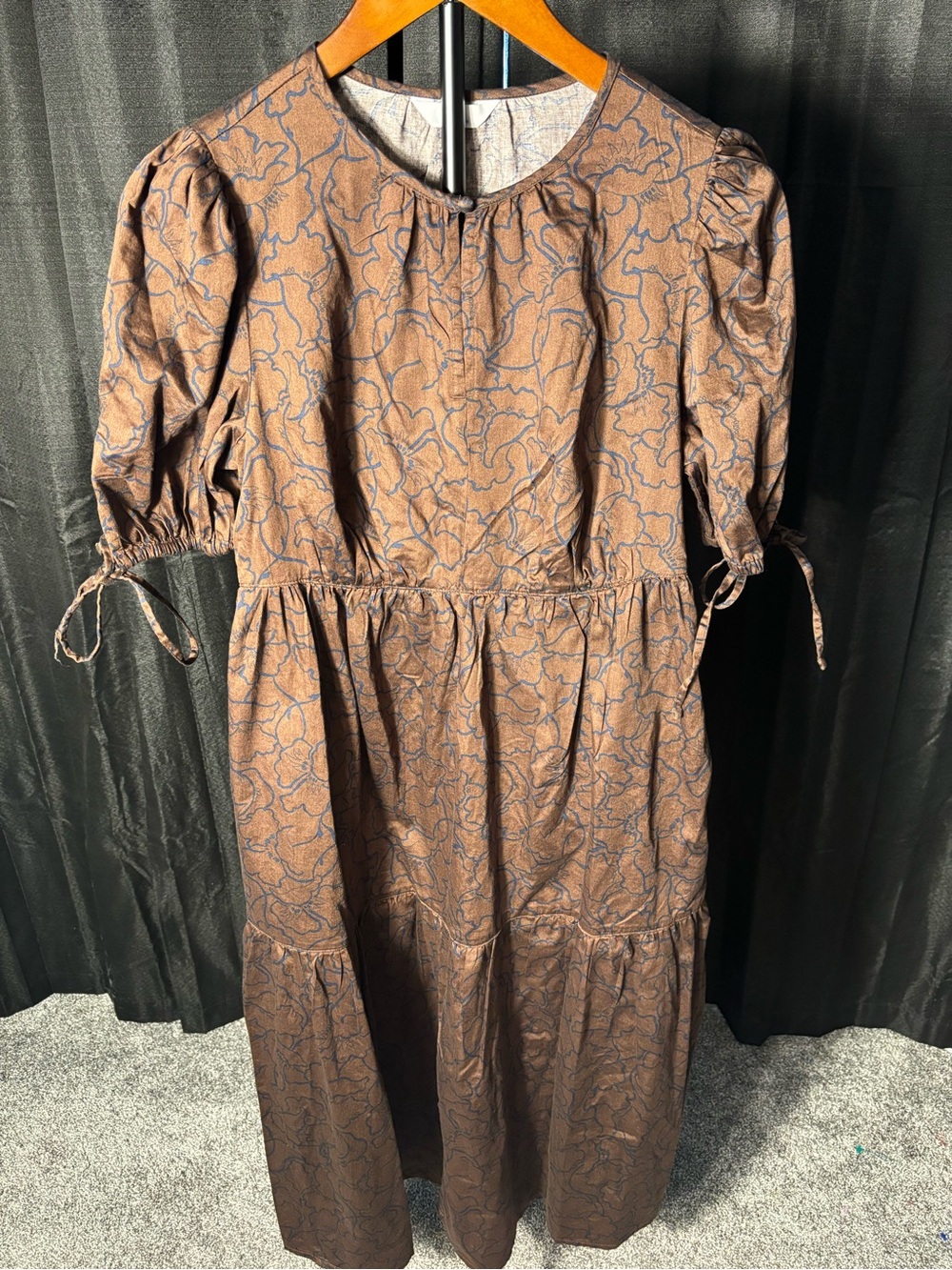 Time and Tru Brown Floral Tiered Maxi Dress with Puff Sleeves